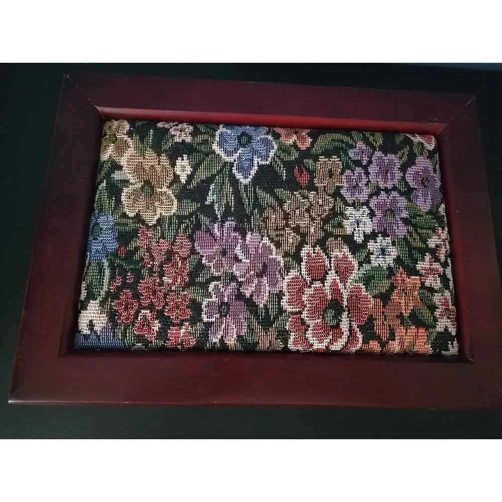 Vintage Floral‎ Tapestry Top Wood Hinged Jewelry Box Pink Velvet Lining READ